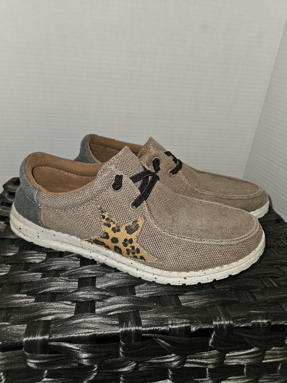 Roper Tan Canvas Slip-On Loafers with Leopard Star Accent